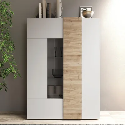 Immagine prodotto di Dmora Vetrina Gorizia 121x44x169h cm Bianco Lucido, 8 Ripiani 2 Ante