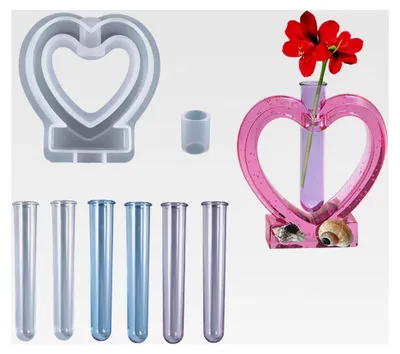 Produktbild von Herzförmige Vase aus Resin mit Silikonformen und 6 Acryl-Reagenzgläsern für Hydrokulturpflanzen, Dekoration für Zuhause und Büro