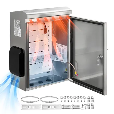 Obrázok produktu pre VEVOR, vodotesné elektrické puzdro IP65, rozvodná skrinka z nehrdzavejúcej ocele s termostatom, ventilátorom a krytom proti dažďu, uzamykateľná vonkajšia rozvodná skrinka, rozmer 40 x 20 x 50 cm