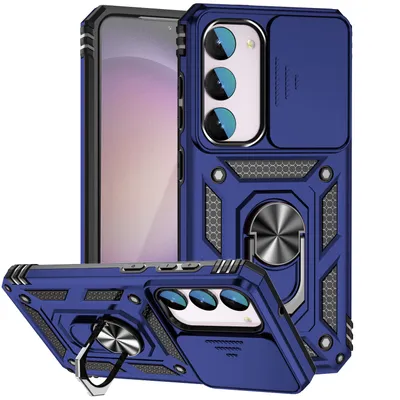 Immagine prodotto di Custodia per Samsung Galaxy S23 FE a doppio strato con copertura scorrevole della fotocamera e supporto ad anello blu