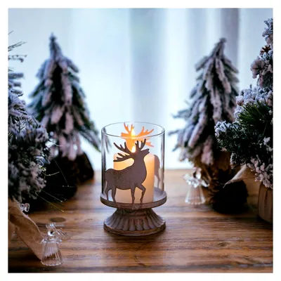 Produktbild von Kerzenhalter Weihnachtsdeko Innen Tisch: 2er Set Windlichter Hirsch Kerzenständer Metall Vintage für die Weihnachtsdekoration