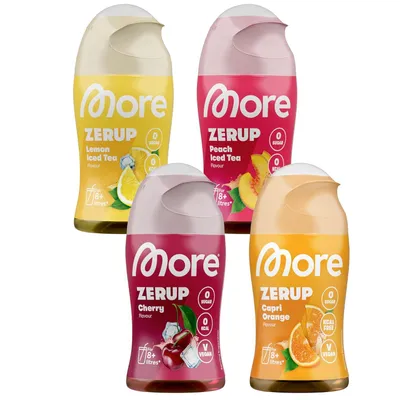 Produktbild von MORE Zerup, mixed 4er Bundle, 4 x 65 ml, für bis zu 32 l Fertiggetränk, zuckerfreier Sirup mit u.a. echten Fruchtextrakten, vegan