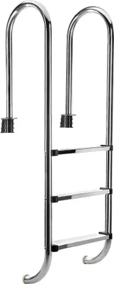 A stainless steel pool ladder with three steps is shown against a white background.