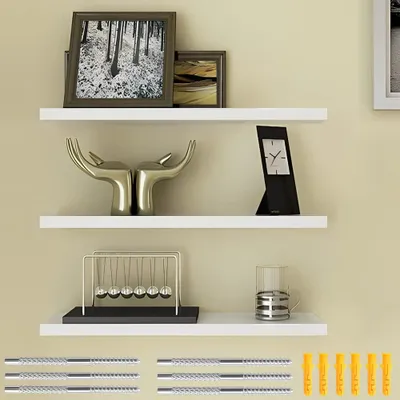 Produktbild von Weiße Wandregale, schwebende Regale, 3er-Set, Wandpaneel, Bücherregal, Hängeregal, 40 x 15 cm, weißes MDF-Holzregal, Wanddekoration, Wandaufbewahrung für Küche, Schlafzimmer, Wohnzimmer
