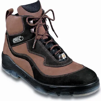 A single brown and black work boot is shown against a white background.