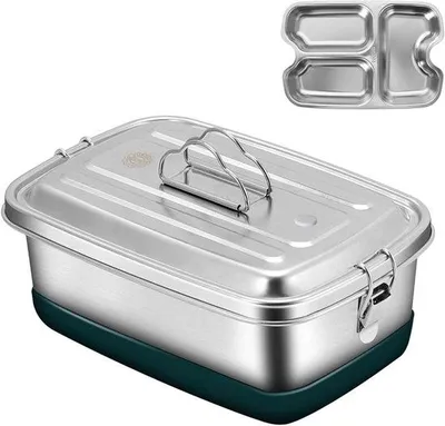 Zdjęcie produktu dla Pudełko na lunch ze stali nierdzewnej – 2000 ml – szczelne – z przegrodą i pokrywką – dla dorosłych i dzieci – 22 x 15,5 x 9 cm