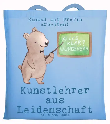Produktbild von Mr. & Mrs. Panda Jutebeutel Kunstlehrer Leidenschaft - Sky Blue - Geschenk, dokumententasche, Tasche, Tote Bag, Spruch, Lustig, Kunstschule, Kunstunterricht, Tragetasche
