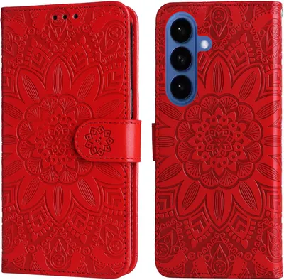 Produktbild von Mobigear Sonnenblumen-Handyhülle für Samsung Galaxy S26 – Klapphülle/Etui mit Geldbörsenfunktion – Rot