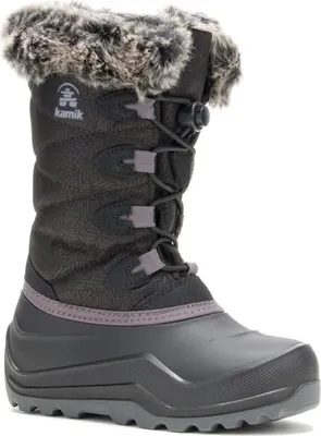A single black Kamik snow boot with gray laces and brown faux fur trim is shown against a white background.