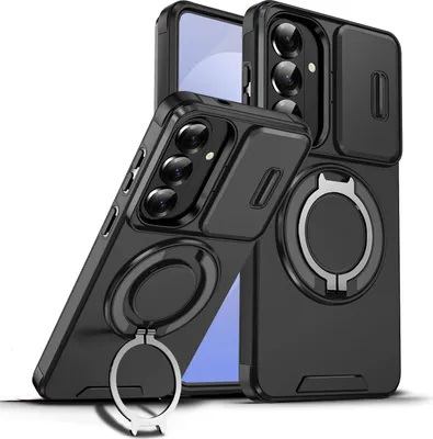 Image de Étui double couche pour Samsung Galaxy S26+, avec cache coulissant pour appareil photo et anneau magnétique pour support Noir