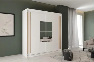 Produktbild von Krudox JAM Schiebetürenschrank Weiß mit Votan-Lamellen und Spiegel 203x216x62 cm Kleiderschrank mit 4 Kleiderstangen