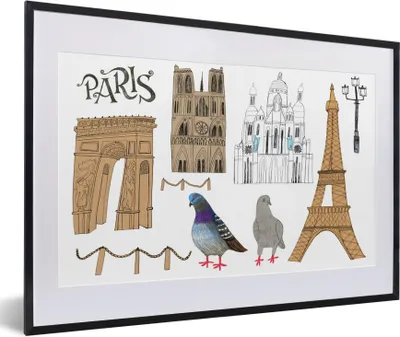 Produktbild von MuchoWow® Gerahmtes Poster Paris - Zeichnung - Tauben 60x40 cm - Poster mit Schwarzem Bilderrahmen Wandposter Rahmen Foto Bilder - Schlafzimmer - Plakat in Rahmen - Drucken