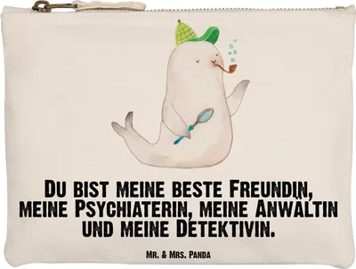 Produktbild von Mr. & Mrs. Panda Kosmetiktasche Robbe Sherlock Grösse XL Große - Weiß - Geschenk, Mäppchen, Lustige Sprüche, Federtasche, Kulturbeutel, kosmetiktäschchen, Pouch