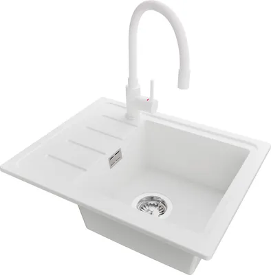 Produktbild von PRIMAGRAN Granitspüle Weiß 55x44cm, Spülbecken 1 Becken + Küchenarmatur 38x14cm + Ablauf-Set, Küchenspüle ab 45er Unterschrank - Kopenhagen Easy