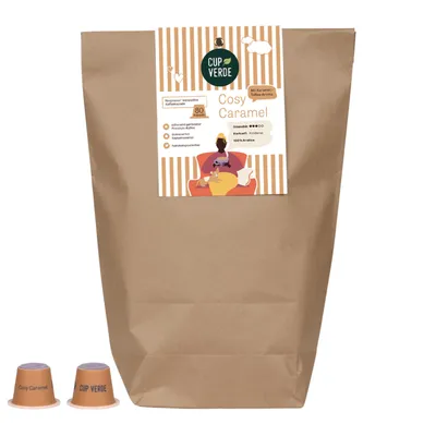 Produktbild von CUP VERDE – 80 nachhaltige KARAMELL Kaffeekapseln - kompatibel mit Nespresso* - COSY CARAMEL mit feinem Karamell Toffee Aroma - heimkompostierbar