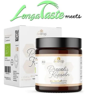 A product shot of a jar of propolis capsules and its packaging, with a logo and text.