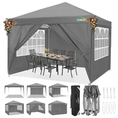 Productafbeelding van Paviljoen, 3x3 meter, diepgrijs, waterdicht, UV-bescherming 50+, met 4 zijwanden en accessoires
