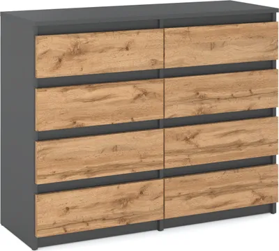 A front view of a gray and wood grain dresser with eight drawers.
