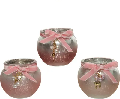 Produktbild von Teelichthalter Glas mit Schleife und Anhänger 7cm rosa, 1 Stück sort.