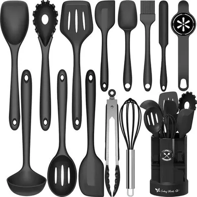 Image de Set d'ustensiles de cuisine, 14 pièces, en silicone, résistant à la chaleur, noir, antiadhésif