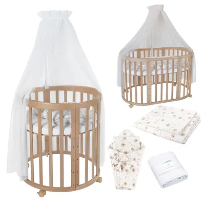 Produktbild von Waldin Babybett OWAL Kinderbett 7in1 mit Matratze, mitwachsendes Kinder-Bett,Stoffe Weiß Löwenzahn,Holz natur