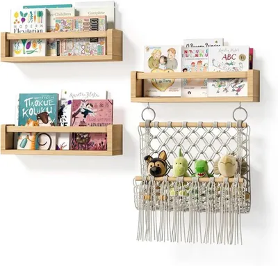 Productafbeelding van Azomor® Set van 3 houten wandplanken met net, geschikt voor de kinderkamer en speelruimte