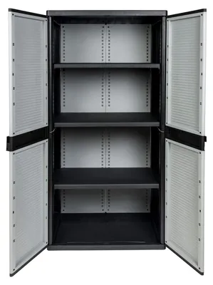 Productafbeelding van Kunststof kast - Opbergkast met deuren - 89,7 x 53,7 x 180 cm - Zwart en grijs - Kelder en tuin