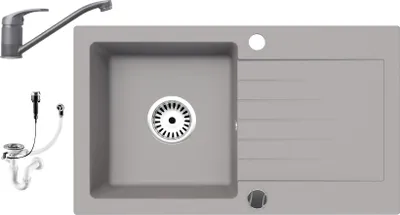 A kitchen sink and faucet set against a light gray background.