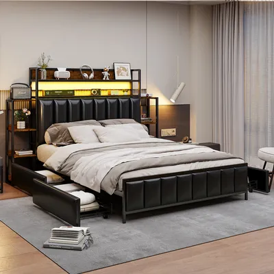 Čalouněná postel Flieks kovová postel pro mládež 140x200 cm se 4 zásuvkami, manželská postel s úložným prostorem a LED diodami, klasická postel s policí a lamelovým roštem, PU