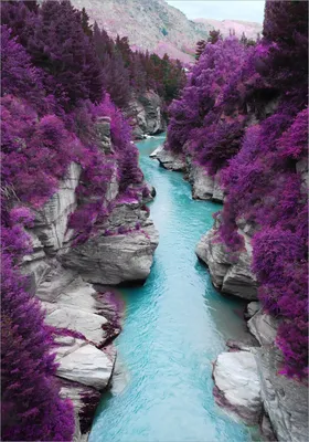 Produktbild von Wallario Poster - Fluss in lilafarbener Schlucht, Kunstdruck Größe: 70 x 100 cm