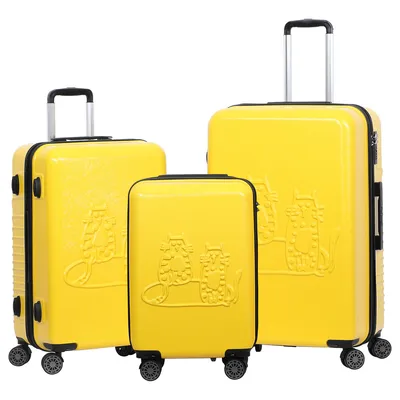Produktbild von Biggdesign Cats Koffer Hartschalenkoffer Set| Reisetasche mit Rollen | Reisekoffer mit Kombinationsschloss | 4 Doppel Rollen | 360 Grad drehbar | Koffer Set 3 teilig Hartschale | Leicht | Gelb
