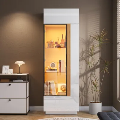 Productafbeelding van Merax vitrinekast met hoogglansafwerking, glazen kast met glazen deur, hoge kast met LED-verlichting bedienbaar via app, woonkamerkast met aluminium frame, wit
