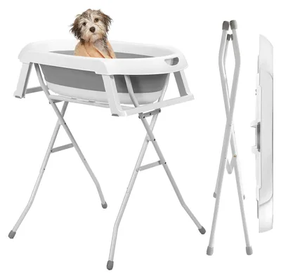 Produktbild von 2-in-1 Hundebadewanne und Hundewaschstation, faltbare Haustierbadewanne zum Baden und Pflegen, zusammenklappbare, tragbare Duschbadewanne für kleine Hunde, Katzen und andere Haustiere, für drinnen und draußen