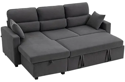 Image de Canapé d'angle convertible, tissu cordé, canapé-lit en forme de L avec espace de rangement, gris foncé | 38 kg | Chaise longue réversible | 205 x 135 x 76 cm
