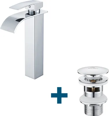 Produktbild von Auralum Waschtischarmatur Hoch Wasserfall Wasserhahn + Ablaufgarnitur mit Überlauf, Wasserhahn Bad mit Pop Up, Chrom