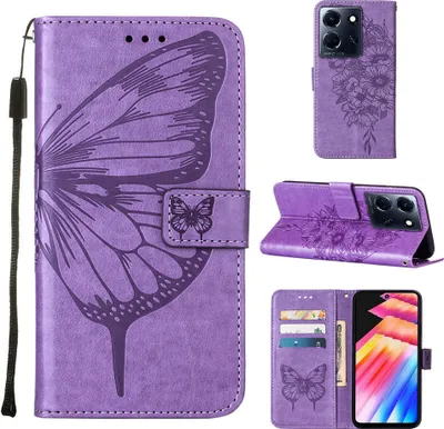 Produktbild von Lederhülle für Infinix Note 30 5G Schmetterling Prägung Flip Ledertasche Kartenfächer Handyhülle mit Ständer Violett