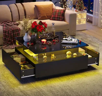 Image de OKWISH Table Basse - Carrée avec 2 Tiroirs et Vitrine Transparente, Plateau Laqué Haute Brillance, Meuble de Salon - 70x70x41 cm, Noir