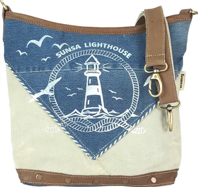 Produktbild von Sunsa Damen Umhängetasche. Nachhaltige Maritim Schultertasche aus Canvas, recycelte Jeans & Leder.