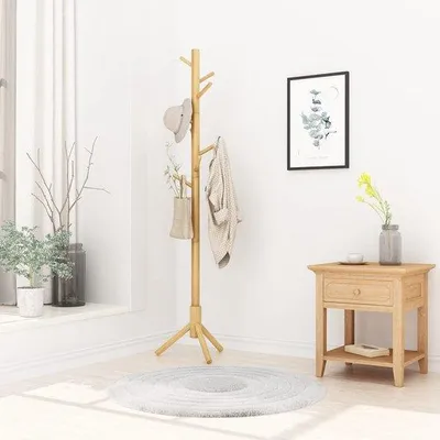 Produktbild von Unyqoos ® freistehender Holzgarderobe mit 8 Haken für Jacken, Hüte und Taschen im baumförmigen Design
