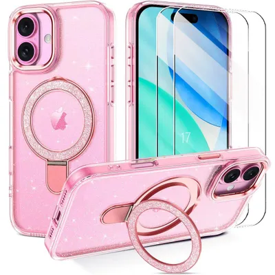 Image de Coque + 2 Verres Trempés pour iPhone 17, Protection Antichoc PC Silicone avec Cercle Magnétique - Rose