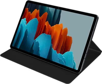 A tablet with a black cover is displayed on a light gray background.