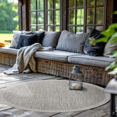 Produktbild von Outdoor Teppich Wetterfest Terrasse Balkon Garten Küchenteppich Einfarbiges Design Flachgewebe Sisal Look Waschbarer Teppich Verschiedene Große : 200 X 200 cm , Farbe : Grau