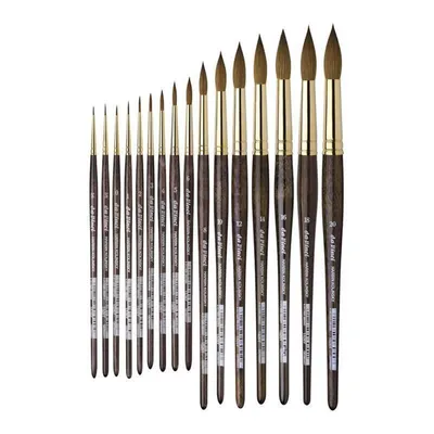 A set of watercolor paint brushes arranged in a row, increasing in size from left to right.