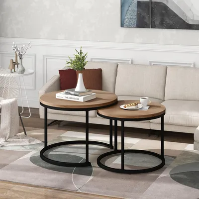 Produktbild von Couchtisch 2er Set Rund, Satztisch Beistelltisch Nesting Tables, Wohnzimmertisch aus MDF mit Metallgestell, Couchtisch Set in Holzoptik, Eiche