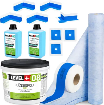 Obrázek produktu pro Hydroizolační sada Tekutá fólie 12kg Těsnicí páska 15mb Rohož 1mb Základní nátěr 2l Koupelnová sprcha - LEVEL+ SET340