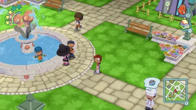 A park scene with several cartoon characters interacting near a fountain and flower beds.