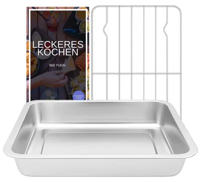 Image de Elzusha - Plat à rôtir en acier inoxydable avec grille - Plaque de cuisson pour four (36x27x6 cm)