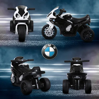 A collage of four images showing a black and white BMW S1000RR electric toy motorcycle from different angles, with the BMW logo in the center.