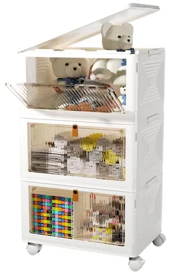 Produktbild von Set aus 3 faltbaren Aufbewahrungsboxen mit Türen, stapelbare Kunststoff-Aufbewahrungsboxen auf Rollen, 63-Liter-Organizerboxen, Schrankorganizer für Schlafzimmer, Badezimmer und Küche.