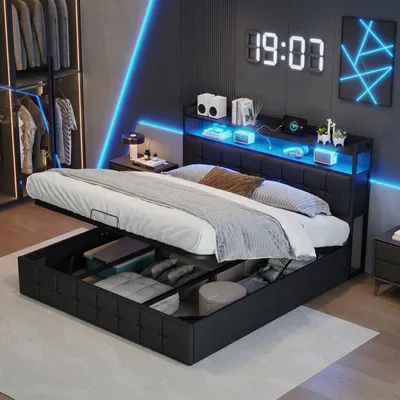 Obrázek produktu pro Čalouněná postel ProximaX 140 × 190 cm, černáPolyuretankůže, s hydraulickým zvedacím systémem, RGB LED osvětlením, nabíjecí stanicí (USB-C + USB) a úložným prostorem, s čalouněným čelem, do ložnice